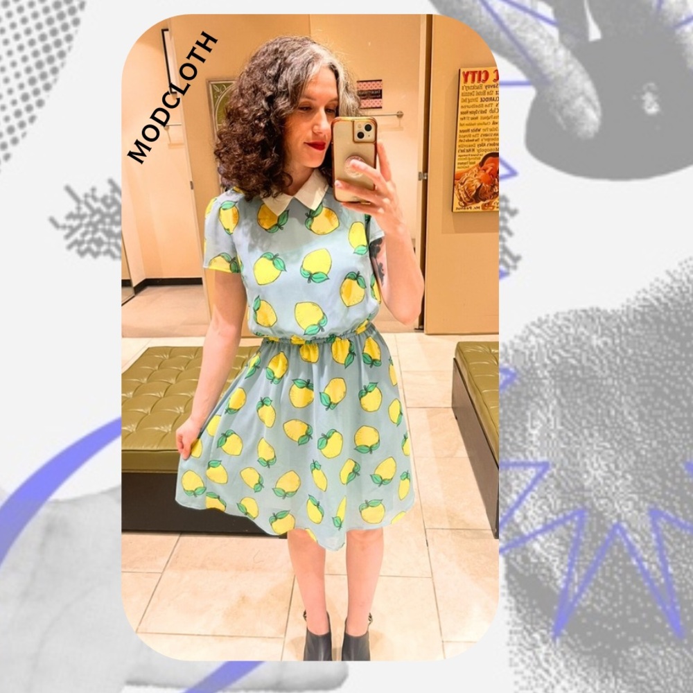 Modcloth blue & yellow lemon print swing dress with peter pan collar - Picture 3 of 16